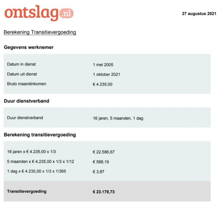 voorbeeld berekening transitievergoeding Ontslag.nl